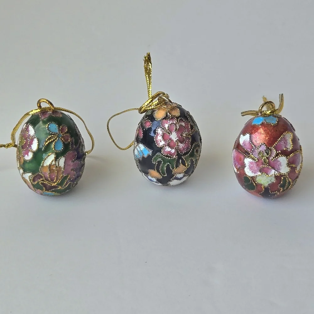 VTG Cloisonne Mini Egg Ornaments Set of 3, Enamel Brass Butterfly Floral, RARE